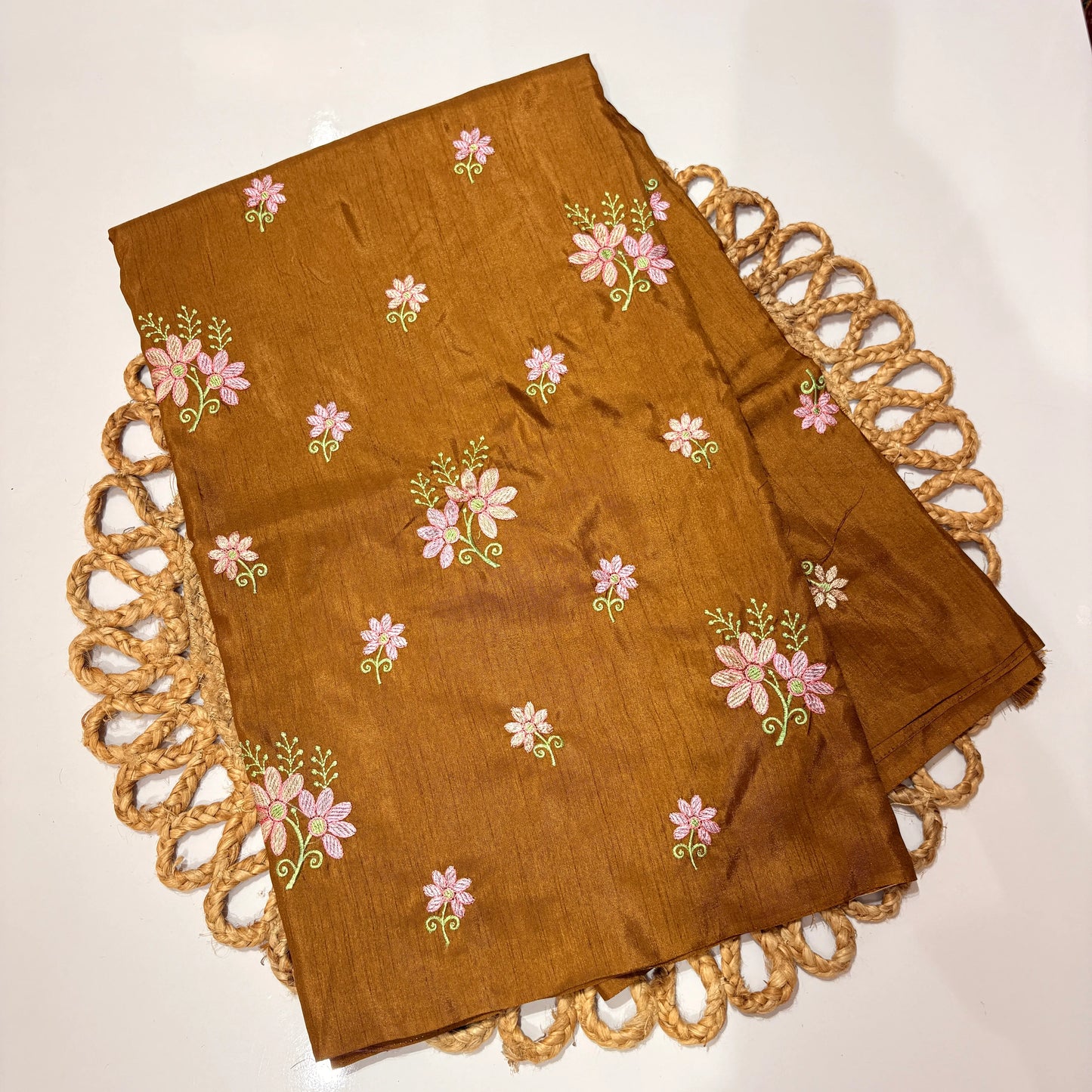 Mustard Gold Embroidered Saree with Pink Floral Motifs – Festive & Office Wear