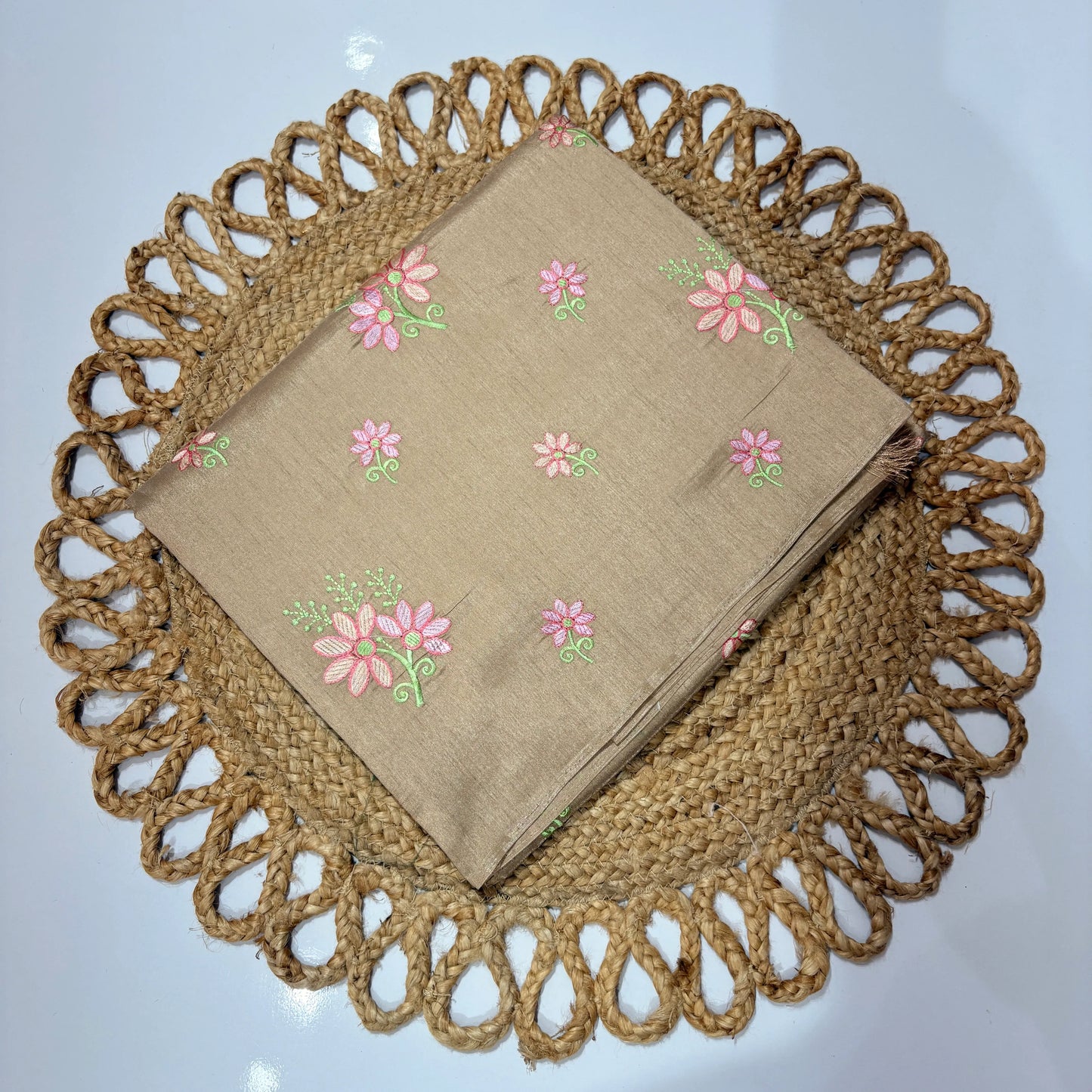 Champagne Beige Embroidered Saree with Pink Floral Motifs – Festive & Office Wear