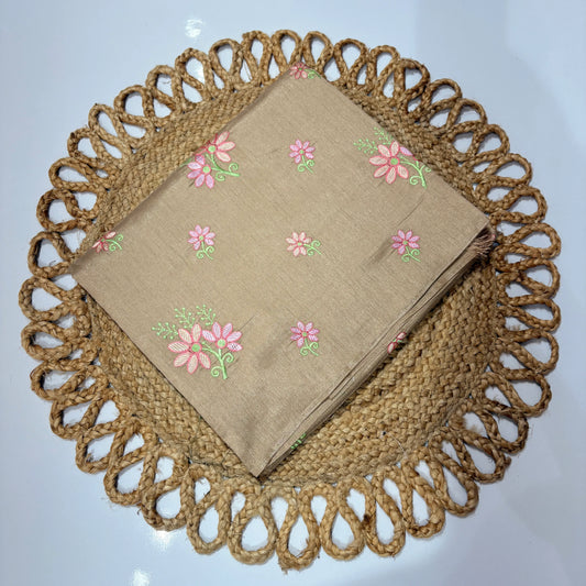 Champagne Beige Embroidered Saree with Pink Floral Motifs – Festive & Office Wear