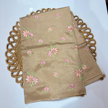 Champagne Beige Embroidered Saree with Pink Floral Motifs – Festive & Office Wear
