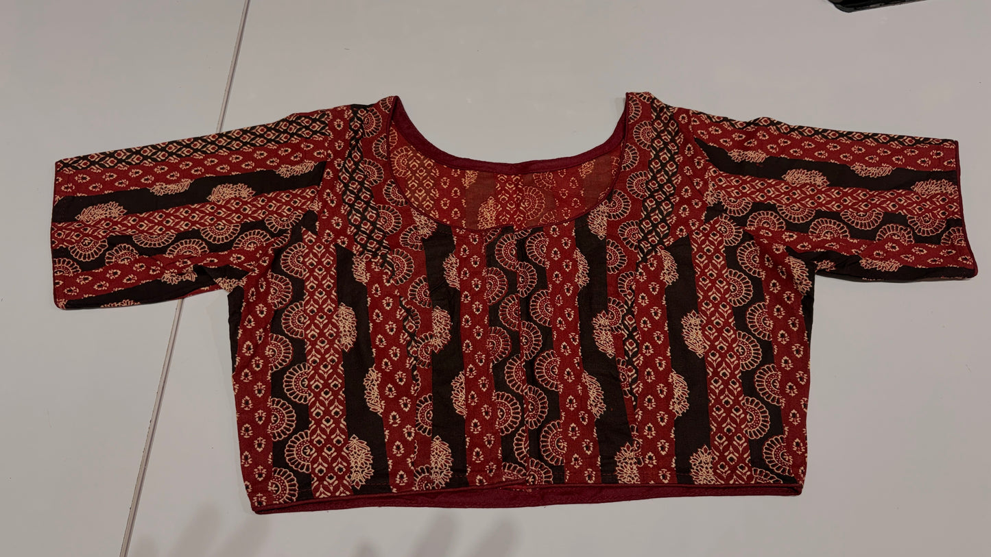Maroon Ajrakh Block Print Cotton Blouse | Round Neck Elbow Sleeve | Ready to Wear