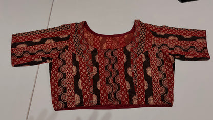 Maroon Ajrakh Block Print Cotton Blouse | Round Neck Elbow Sleeve | Ready to Wear