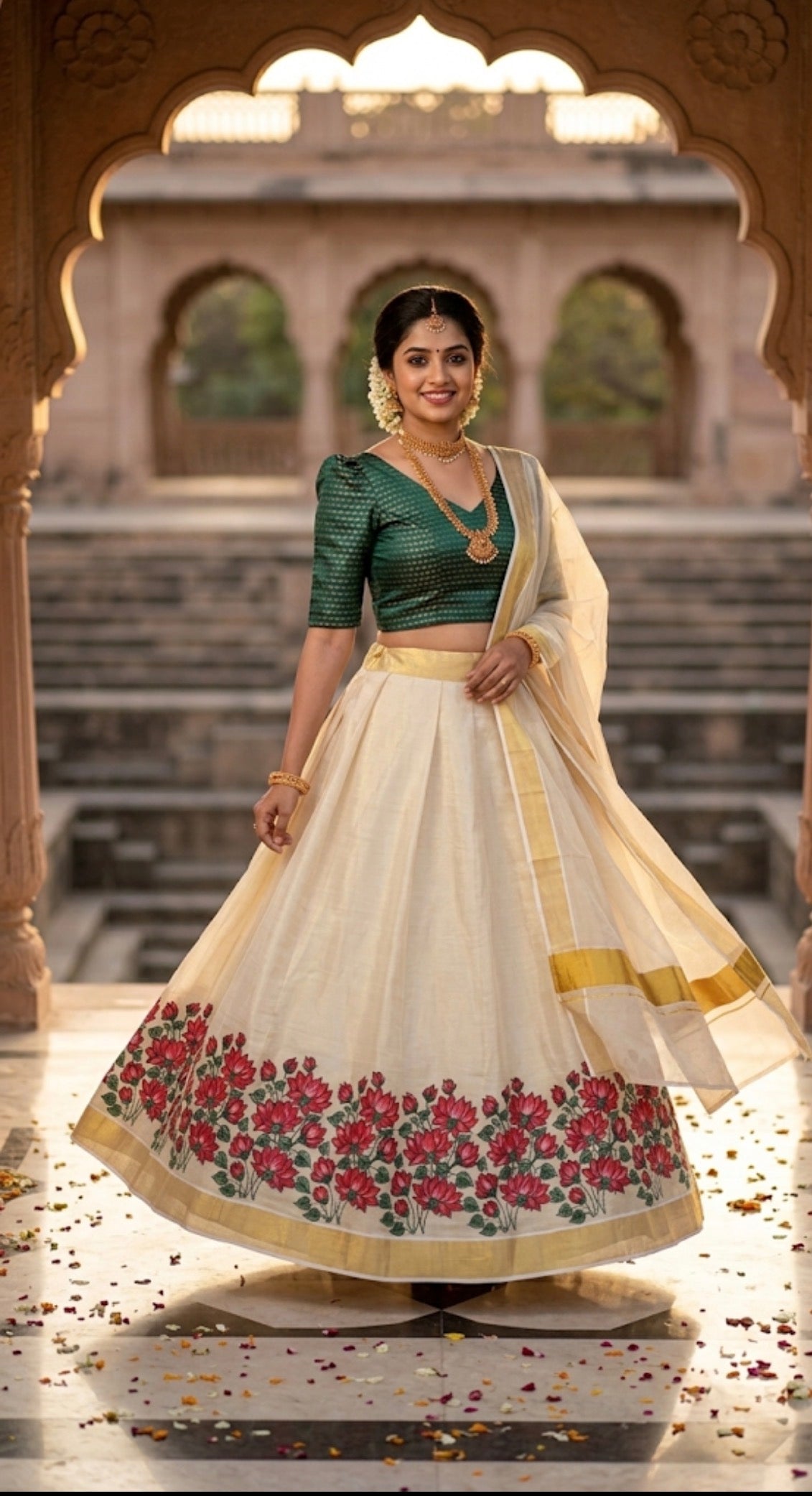 Kerala Kasavu Floral Lehenga – Off White & Green Brocade | Onam Festival Ethnic Wear
