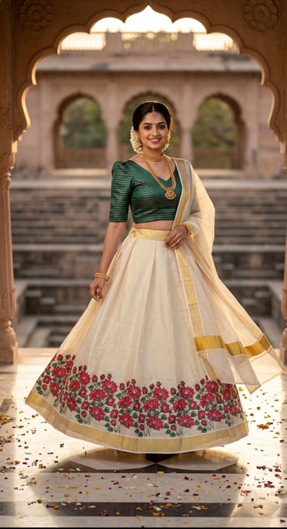 Kerala Kasavu Floral Lehenga – Off White & Green Brocade | Onam Festival Ethnic Wear