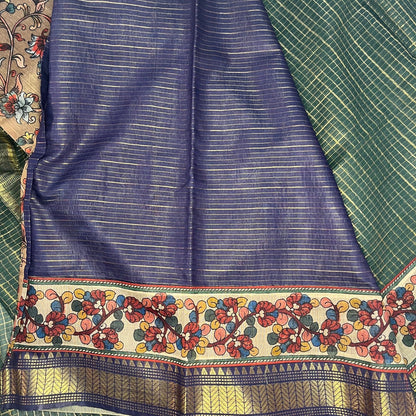 Women's Mangalagiri Checks Silk Saree with Kalamkari Patch border