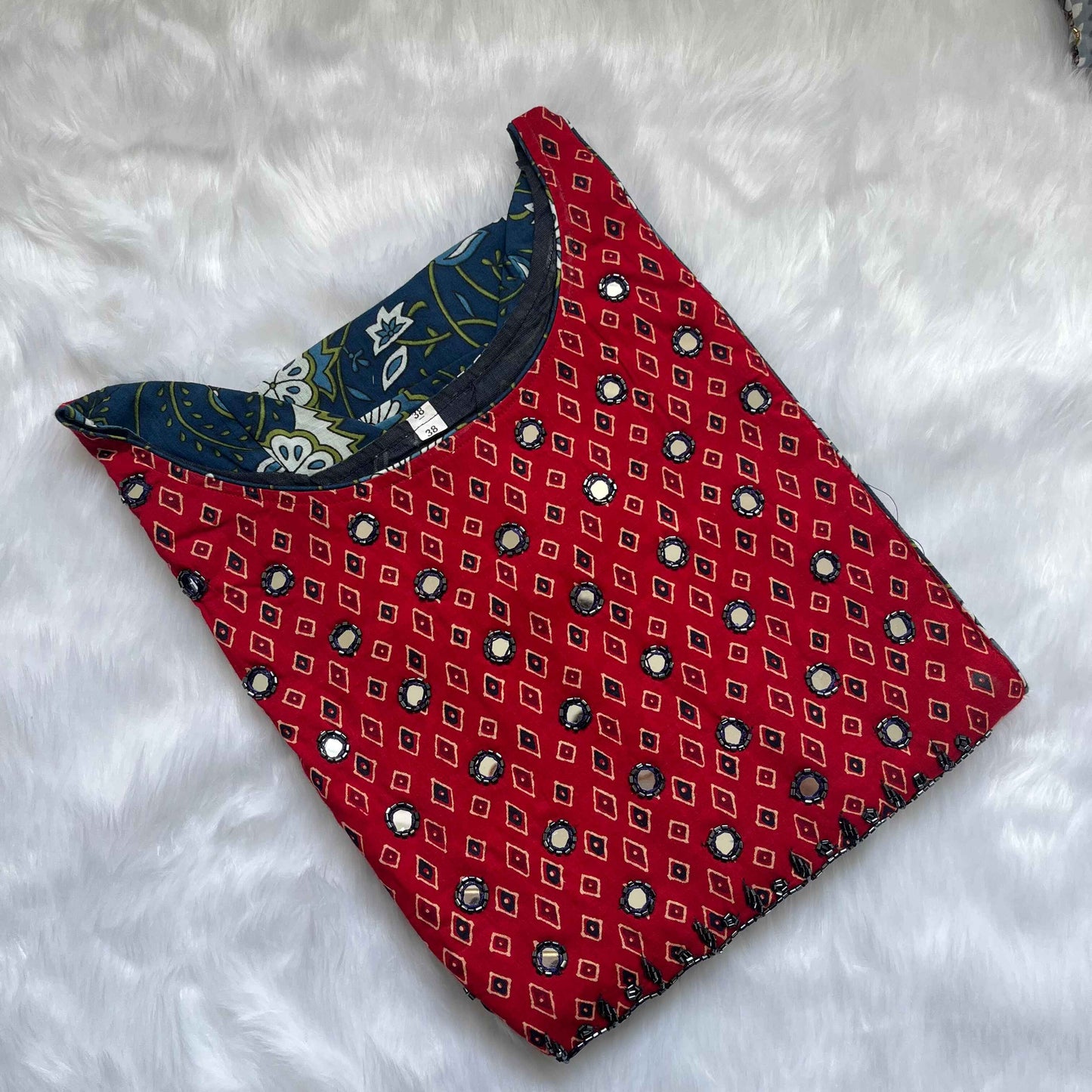 Women's Blue Handwork Floral Print Kurti