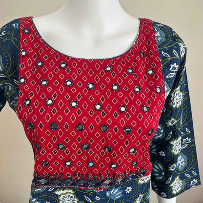 Women's Blue Handwork Floral Print Kurti