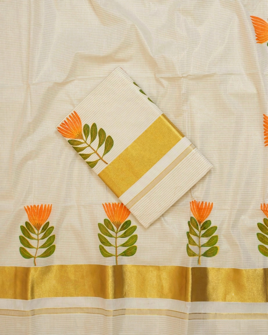 Kerala Kasavu Cotton Saree with hand-painted orange Thechi Ixora floral motifs, green leaves, and broad golden zari border on off-white fabric — traditional Kerala ethnic wear for Onam and festivals