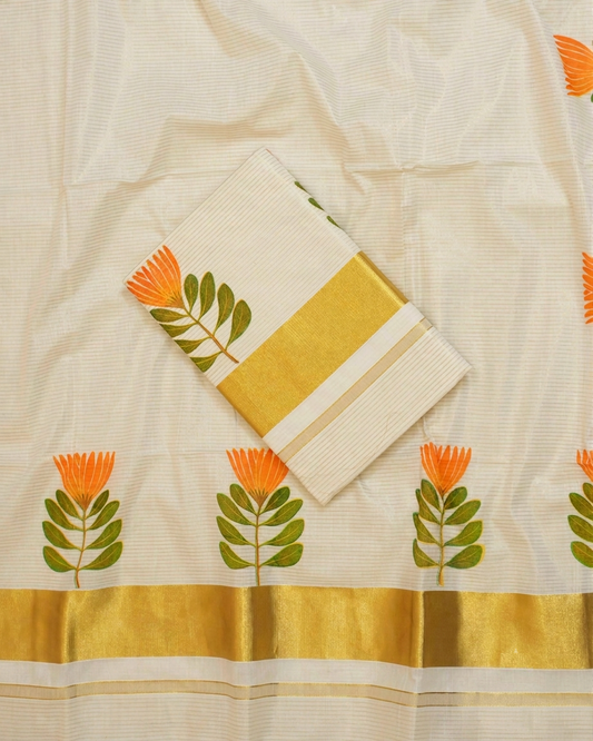 Kerala Kasavu Cotton Saree with hand-painted orange Thechi Ixora floral motifs, green leaves, and broad golden zari border on off-white fabric — traditional Kerala ethnic wear for Onam and festivals