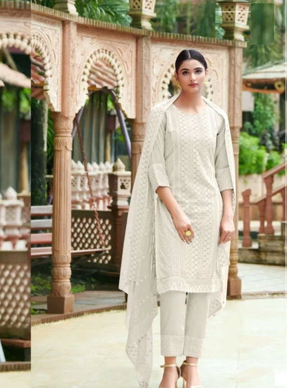 Ivory Heavy Schiffli Georgette Kurti Set with Dupatta | Stitched Suit