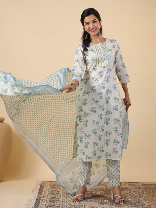 Women's Cream Cotton Floral Printed Straight Kurta Set