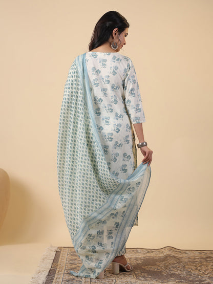 Women's Cream Cotton Floral Printed Straight Kurta Set
