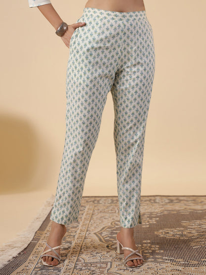 Women's Cream Cotton Floral Printed Straight Kurta Set