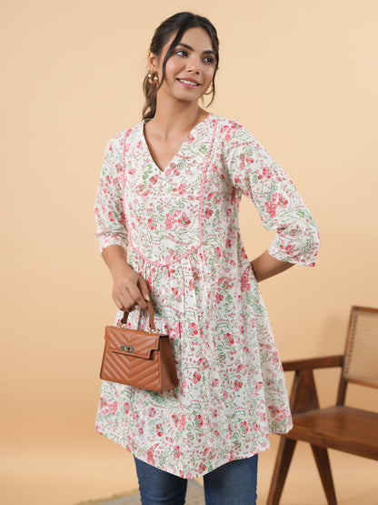 Women's White Cotton Floral A-Line Tunic