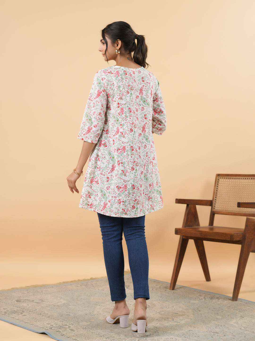 Women's White Cotton Floral A-Line Tunic