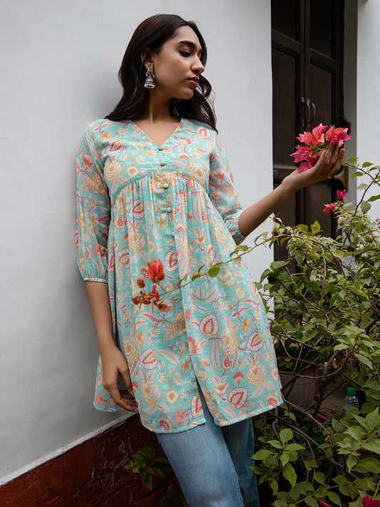 Women's Sea Blue Georgette Floral Gathered Tunic