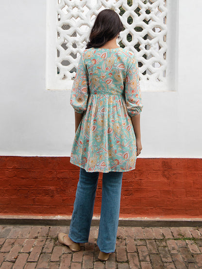 Women's Sea Blue Georgette Floral Gathered Tunic