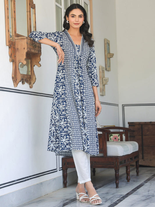 Women's Navy Blue Pure Cotton Yoke Embroidery Floral A-line Kurta