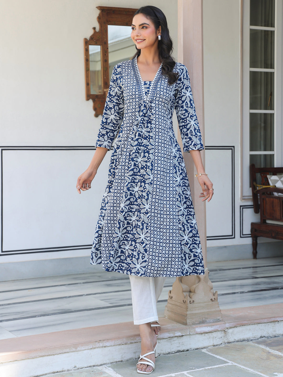 Women's Navy Blue Pure Cotton Yoke Embroidery Floral A-line Kurta