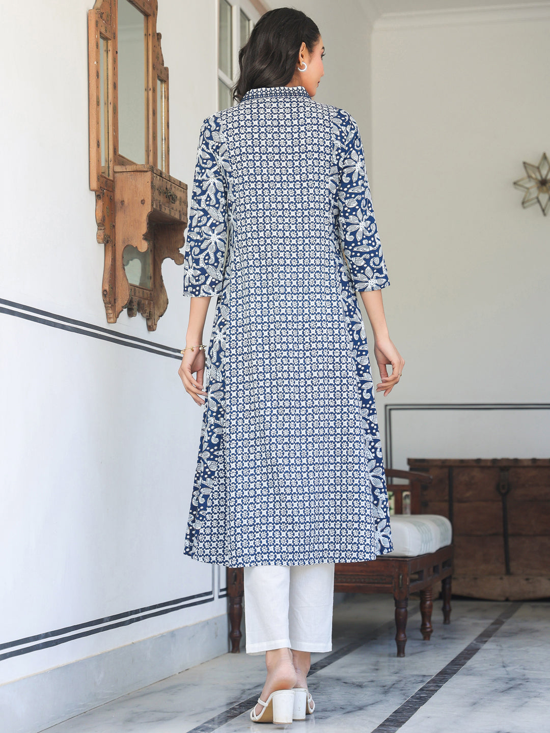 Women's Navy Blue Pure Cotton Yoke Embroidery Floral A-line Kurta