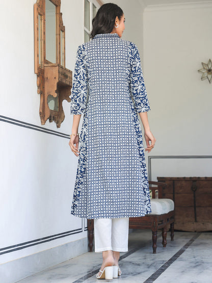 Women's Navy Blue Pure Cotton Yoke Embroidery Floral A-line Kurta