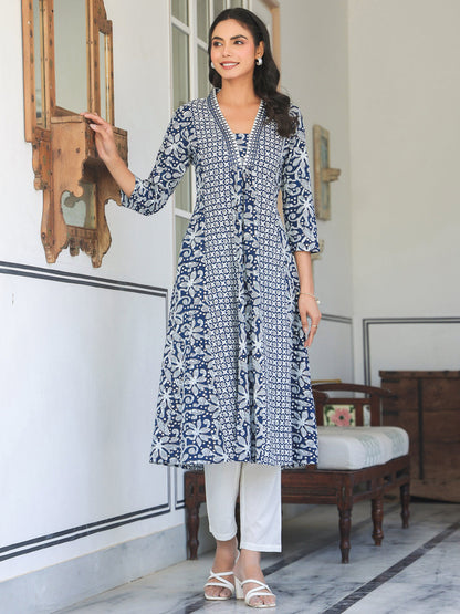 Women's Navy Blue Pure Cotton Yoke Embroidery Floral A-line Kurta