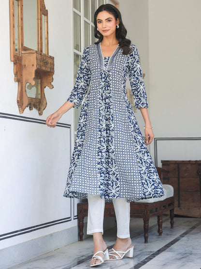 Women's Navy Blue Pure Cotton Yoke Embroidery Floral A-line Kurta