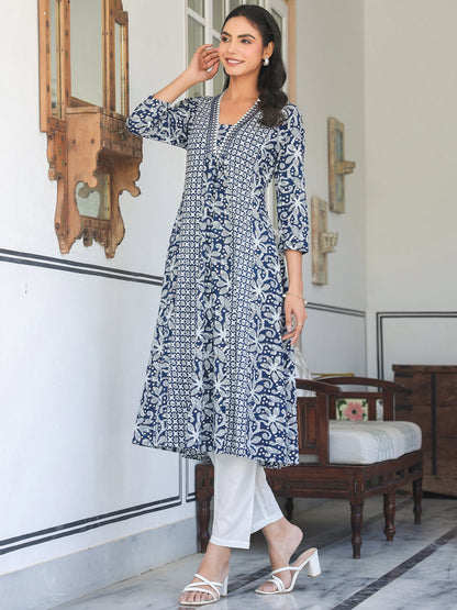 Women's Navy Blue Pure Cotton Yoke Embroidery Floral A-line Kurta