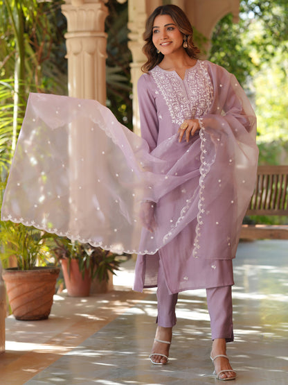 Women's Lavender Silk Blend Embroidered Straight Kurta Set