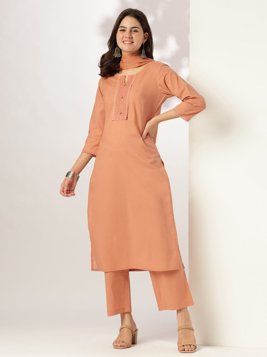 Women's Rust Pure Cotton Solid Straight Kurta Set