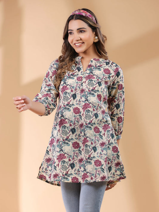 Women's Beige Pure Cotton Floral Printed Straight Tunic