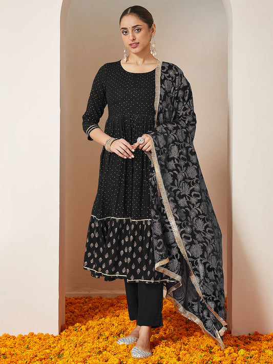 Women's Black Rayon Gold Printed Anarkali Kurta Set