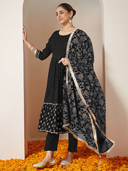 Women's Black Rayon Gold Printed Anarkali Kurta Set