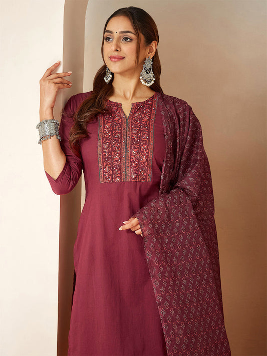 Women's Burgundy Pure Cotton Embellished Straight Kurta Set