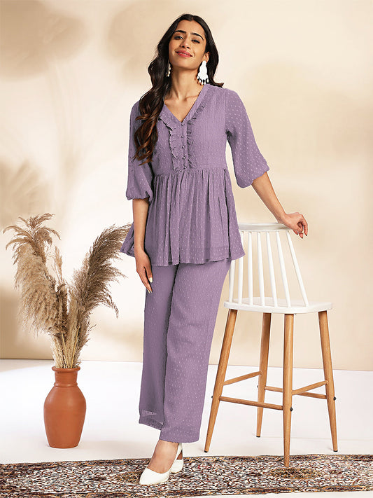 Women's Lavender Dobby Chiffon Self Design Peplum Co-Ord Set
