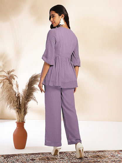 Women's Lavender Dobby Chiffon Self Design Peplum Co-Ord Set