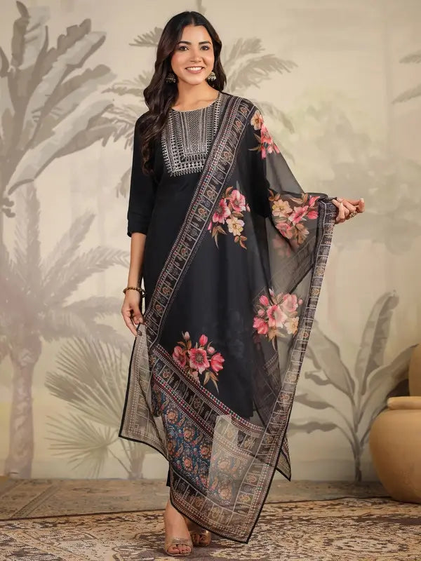 Women's Black Chanderi Silk Yoke Embroidery Straight Kurta with Pant & Dupatta Set
