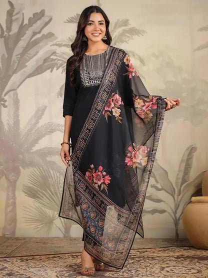 Women's Black Chanderi Silk Yoke Embroidery Straight Kurta with Pant & Dupatta Set