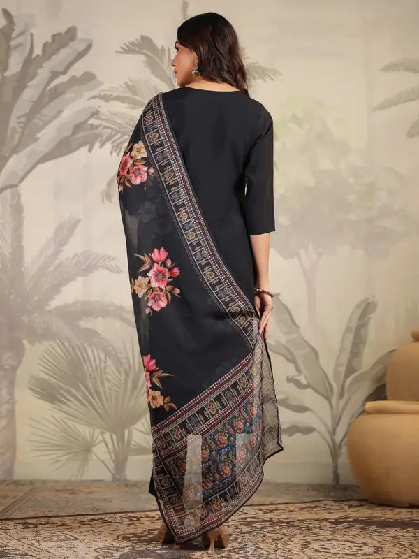 Women's Black Chanderi Silk Yoke Embroidery Straight Kurta with Pant & Dupatta Set