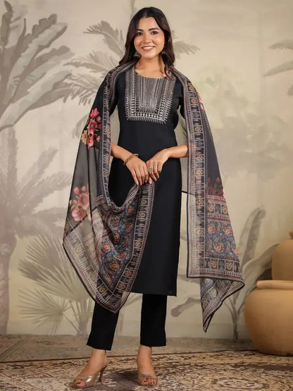 Women's Black Chanderi Silk Yoke Embroidery Straight Kurta with Pant & Dupatta Set