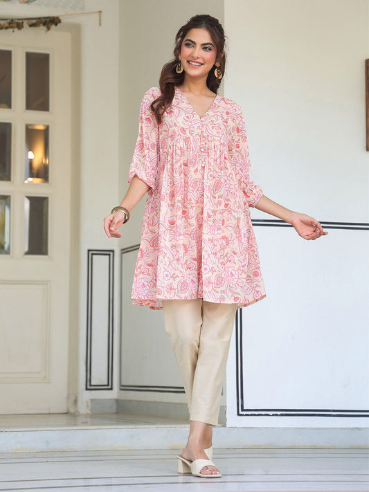 Women's Peach Georgette Floral Printed Gathered Tunic Variant