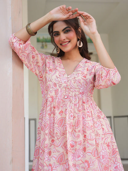 Women's Peach Georgette Floral Printed Gathered Tunic Variant