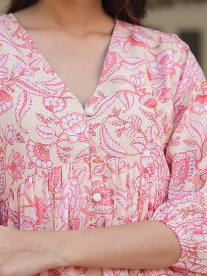 Women's Peach Georgette Floral Printed Gathered Tunic Variant
