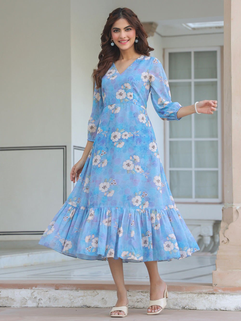 Women's Blue Georgette Floral Printed A-Line Dress