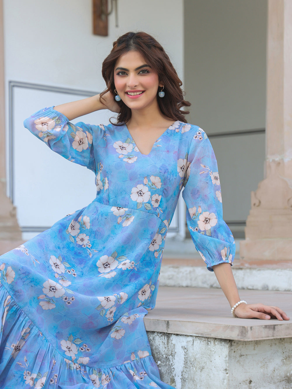 Women's Blue Georgette Floral Printed A-Line Dress