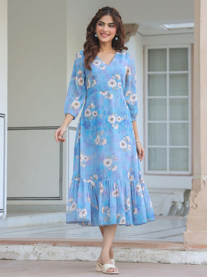 Women's Blue Georgette Floral Printed A-Line Dress