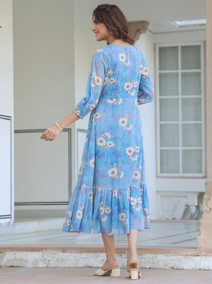 Women's Blue Georgette Floral Printed A-Line Dress