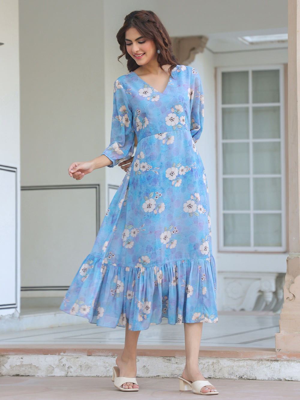 Women's Blue Georgette Floral Printed A-Line Dress