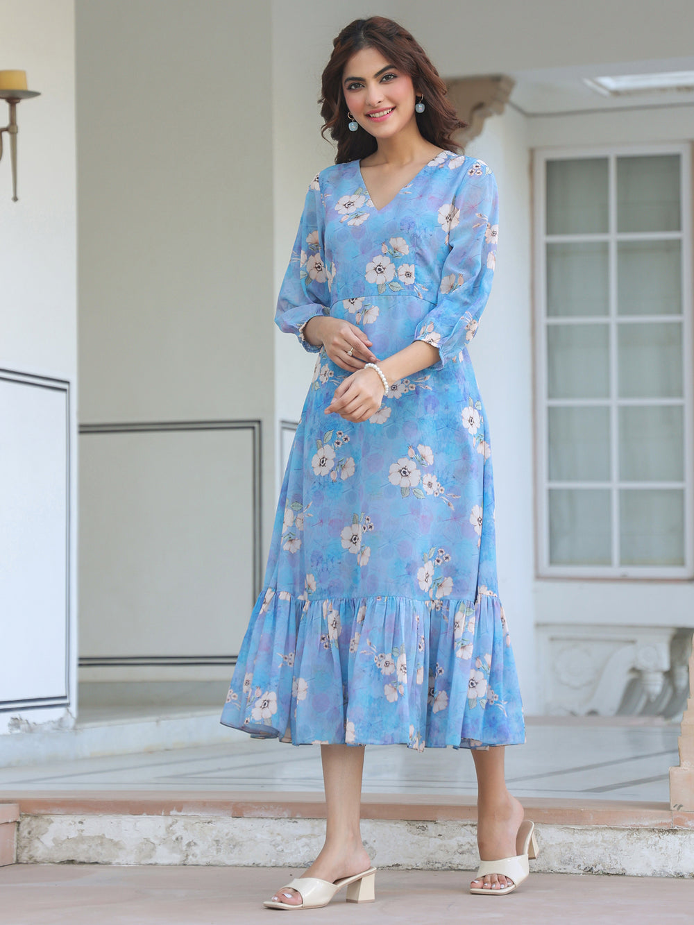Women's Blue Georgette Floral Printed A-Line Dress