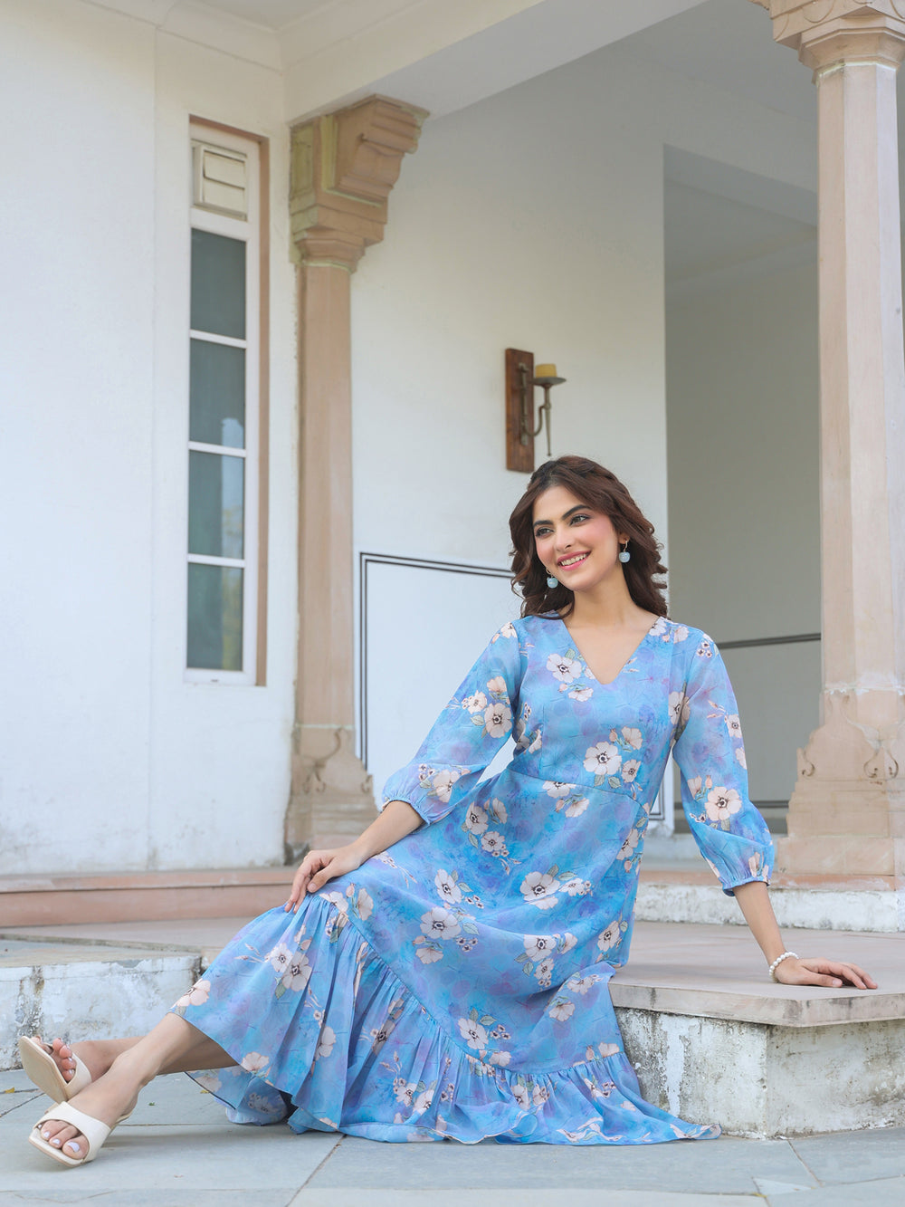 Women's Blue Georgette Floral Printed A-Line Dress